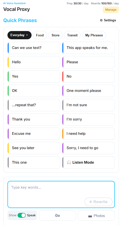 Vocal Proxy home screen showing Quick Phrases, text input, and main communication controls