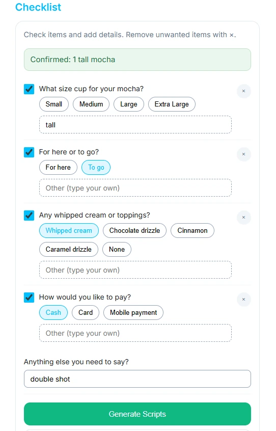 Vocal Proxy Prepare screen with guided questions for planning a conversation