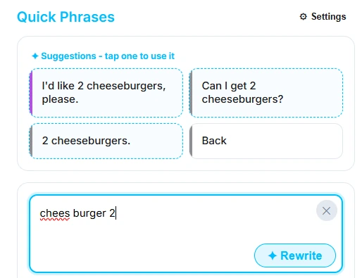 Vocal Proxy Rewrite screen turning short input into natural sentence suggestions